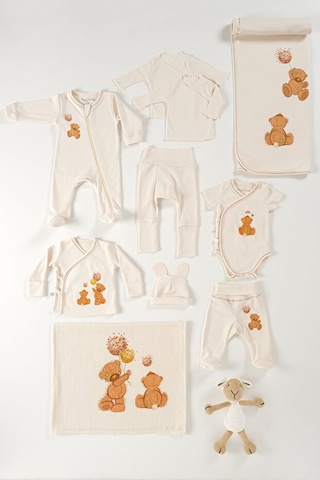 Tinylamb Fluffy Bear Oyuncaklı Organik Yenidoğan Hastane Çıkış Seti - 11 Parça Krem