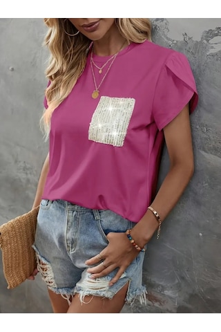 Kadın Kısa Kollu Bisiklet Yaka Cep Pul Payet Detay Viskon Bluz Pembe
