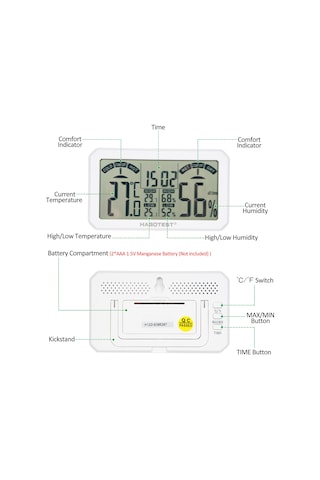 Kangvka Ht683 Beyaz Dijital İç Mekan Sıcaklık Nem Ölçer Stantlı Sensör, Gerçek Zamanlı Monitör Pil Dahil Değil