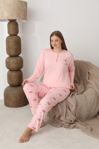 Boyraz Lindros Kadın Pamuk'lu Düğme Yaka Raporlu İnterlok Kışlık Battal Pijama Takımı 0110 - 1 Adet Pembe