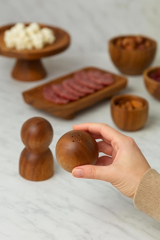 Akasya 2 Li Top Tuzluk Biberlik Seti - Şık Ve Doğal Kahverengi