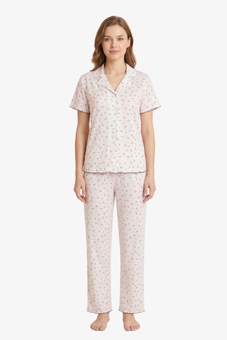 Cottonhill Beyaz Çiçek Desenli Pointel Gömlek Yaka Kadın Pijama Takımı