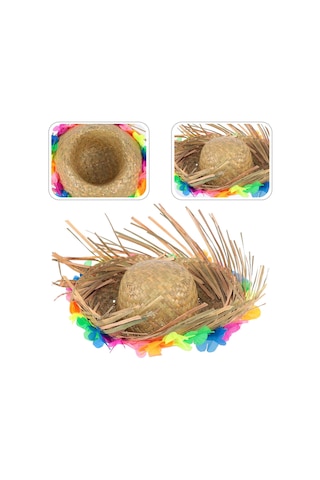 Naturel Renk Püsküllü Örme Hasır Hawaii Luau Ha Şapka 13x36 Cm