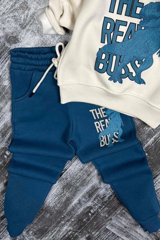 Riccotarz Erkek Çocuk Önü Yazı Ve Dino Baskılı Kapşonlu Sweatshirt 3 İplik Mavi Eşofman Takım