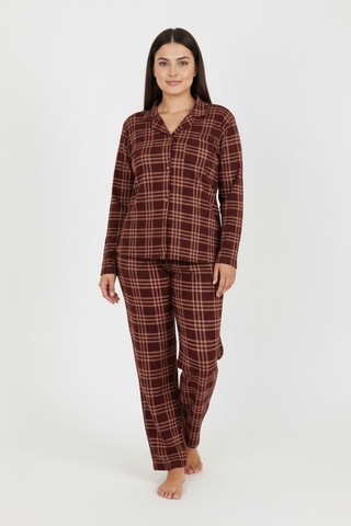 Bravie Luxury Soft Kahverengi Ekose Desenli Uzun Kollu Kadın Pijama Takımı Büyük Beden 3009 Kahverengi
