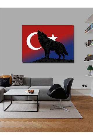 Kanvas Tablo Türk Bayrağı Ve Kurt Silüeti