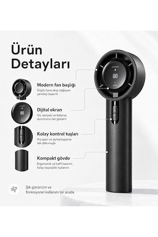 100 Kademeli Dijital Göstergeli Şarjlı El Fanı Taşınabilir Yüksek Hızlı Mini Vantilatör Siyah