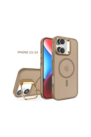 iPhone Uyumlu 13 / 14 Kamera Korumalı Stantlı Magsafe Destekli Mat Lens Koruyucu Telefon Kılıfı Çöl Kahve