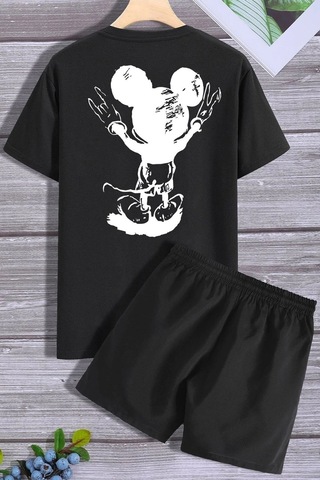 Sırt Baskılı Şort T-shirt Eşofman Takımı Siyah