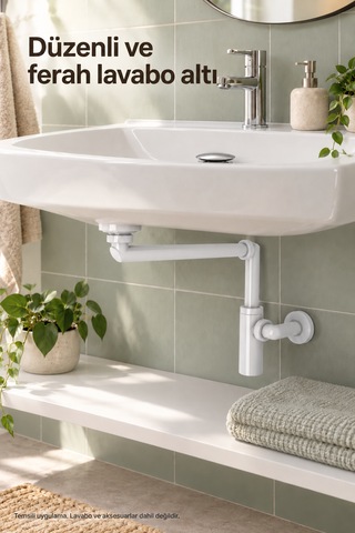 İz Yapı Luna Beyaz Alan Tasarruflu Sifon Seti Felix Pop-up Taşma Deliksiz Lavabo Sifonu