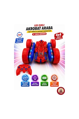 Oyuncak Led Işıklı 360 Akrobat Uzaktan Kumandalı Araba Şarjlı 4x4 Off Road Dublör Oyuncak Araba Kırmızı
