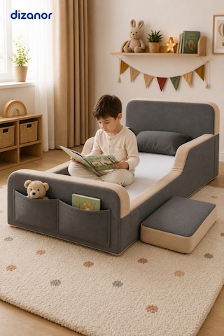 Dizanor Yeni Nesil Maxi Nest %100 Sünger Ve Yıkanabilir Fermuarlı Kumaşa Sahip Bebek, Çocuk Ve Genç Montessori Karyola Baza Ve Başlık Yatağı Seti - Gri - Bej - 140 X 200