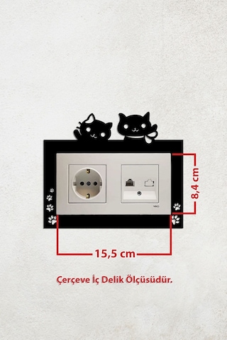 Sevimli Kedi Tasarım 2li Priz Çerçevesi İç Ölçü 15,5x8,4 Cm Ev Süsü - 2li Dekoratif Piriz Süsü Siyah