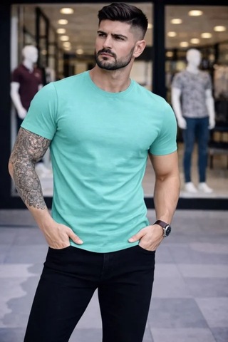 Veraura Lifestyle Erkek T-shirt Bisiklet Yaka Slim Fit Dar Kesim Likralı Tişört Günlük Basic Body - Turkuvaz Turkuaz