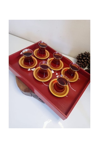 Yeni Yıl Tepsisi Ahşap Dekoratif Kahve, Çay, Söz, Nişan, Sunum , Servis Tepsisi Kırmızı