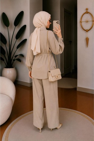 Hira Life Fashion Kadın Kolu Taş Detaylı Bel Bağlamalı Salaş Keten Gömlek Pantolon İki 'li Şık Takım Bej Bej