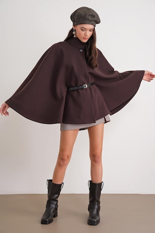 4768 Kadın Kemerli Panço Premium Kaşe Ceket Kahve Kahve