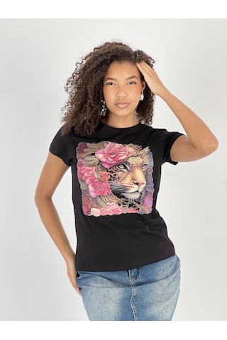 Kadın Leopar Ve Gül Desenli Siyah T-shirt Siyah
