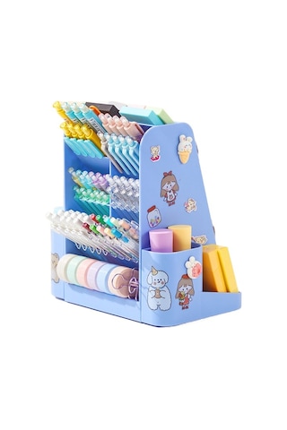 Pratik Döner Mekanizmalı Öğrenciler İçin Geniş Kapasiteli Masaüstü Organizasyon Kutusu Çok Amaçlı Kalemlik Ve Kırtasiye Depolama Çözümü MAvi