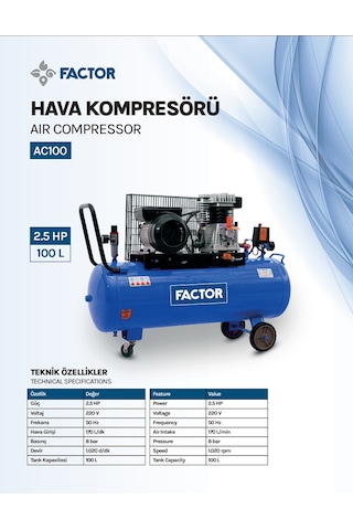 Factor AC100 2.5HP 100 L Yağlı Hava Kompresörü