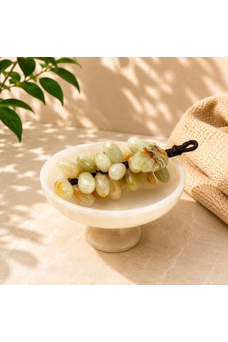 Feng Shui Bereket Üzümü Ve Van Taşı Ayaklı Çanak Seti 30 Taneli Doğal Taş Üzüm Salkımı Dekor 5 İnç El Yapımı Çanak Bej