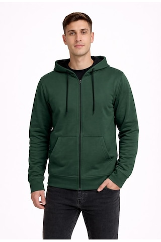 Axxel Erkek Haki 2 İplik Fermuarlı Kapüşonlu Sweatshirt-w1084 Haki