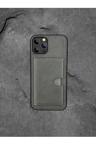Kartlıklı Tutacaklı Apple Uyumlu iPhone Hakiki Deri Koruyucu Kılıf 15 Pro Gri