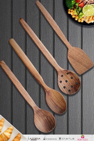 Doğal Ceviz Ağacı Ahşap Tahta Kaşık Seti Ağaç Kaşık 4lü Set 09 Ahşap