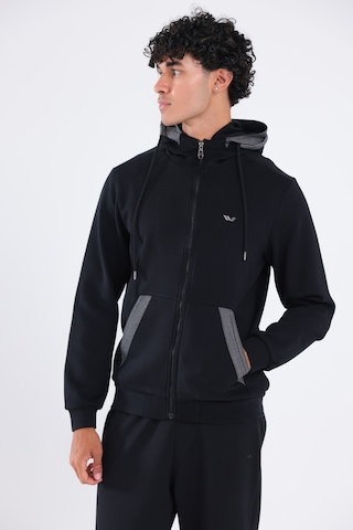 Rowinger Modal Kumaş Kapüşonlu Fermuarlı Kontrast Detaylı Erkek Sweatshirt Siyah