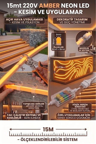 15 Metre Amber 220v Neon Led Şerit ,tak Çalıştır Set, Fişli Esnek Şerit Led, ,turuncu Led,mutfak,tezgah Ledi, Neon Led Şerit Işık ,ambiyans Işık Havuzu, Balkon, Teras Ve Ev İçin Dekoratif Led Amber
