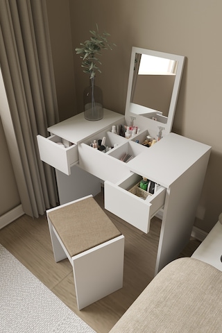 Anka Çekmeceli Aynalı Makyaj Masası Beyaz Beyaz