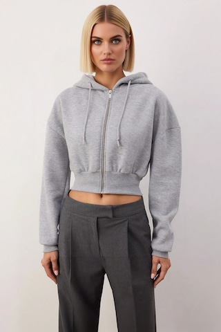 Benerly Kadın Kapüşonlu Fermuarlı Uzun Kollu Örme Sweatshirt Fonksiyonel Gri Melanj