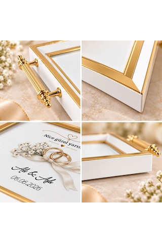 Bk Gift Kişiye Özel Beyaz&gold Söz Nişan Tepsisi-3 - 39x23 Cm Çok Renkli