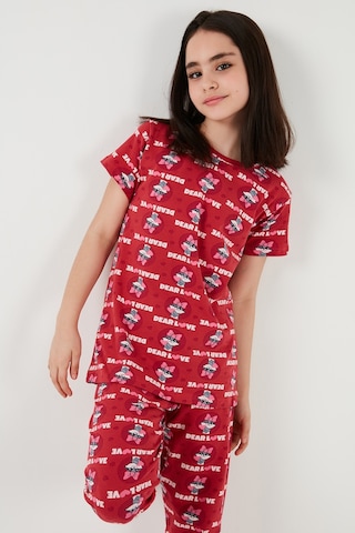 Lela % 100 Pamuk Bisiklet Yaka Kısa Kollu Kız Çocuk Pijama Takımı 6651004 Kırmızı