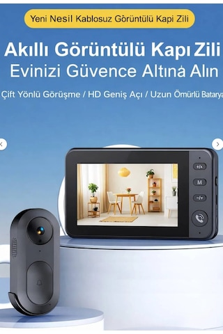 Kablosuz Görüntülü Kapı Zili 4.3 İnç Ips Ekran Çift Yönlü Konuşma Gece Görüşlü Şarjlı Akıllı Kapı Zili