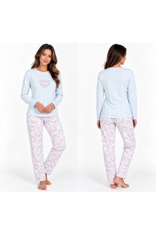 Seamlife Kadın Uzun Kollu Desenli Pijama Takımı Sevimli Desenli Ev Giyim Seti Açık Mavi