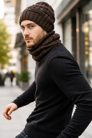 Gönülden Tasarım El Örgüsü Yumuşak Yün Erkek Bere Boyunluk Takım Unisex Kahverengi