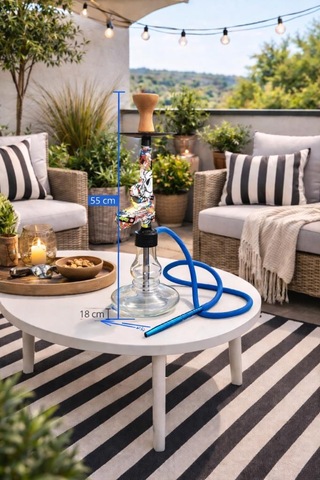Cam Tabanlı Nargile 55 Cm 18 Cm Geniş Taban Modern Balkon & Teras Nargile Takımı Mavi Hortumlu