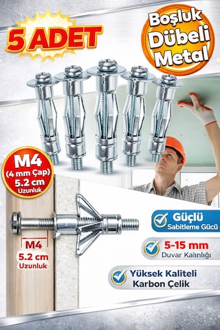 4x46 Metal Paraşüt Dübeli Alçıpan, Çelik, Tuğla & Bims Duvar Uyumlu Boşluk Dübel 5 Adet