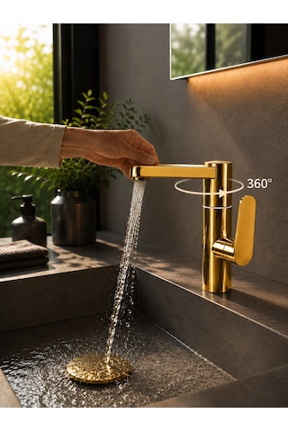 Viosa Silva 360 Döner Parlak Gold Lavabo Bataryası Lüks Modern Banyo Musluğu Banyo Lavabo Bataryası Siyah