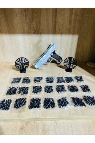 Gümüş Renk Boncuklu Oyuncak Tabanca 1 Adet + 2 Adet Hedef 9 Cm Siyah + 21 Paket Boncuk Karışık