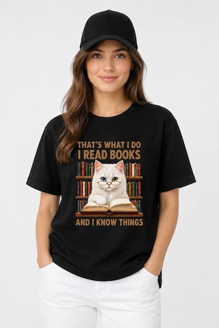 Bayloranzzo The Reader Cat %100 Pamuk Heavy Cotton Premium Kalite Kadın Tişört Siyah