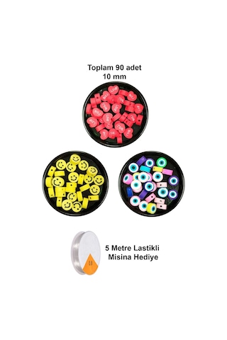 90 Adet 10 Mm Polimer Kil Fimo Boncuk Takı Bileklik + 5 Metre Misina - Smile - Nazar - Love