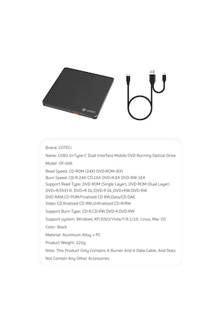 Çift Bağlantılı Usb 2.0 & Type-c Harici Dvd-rw Yazıcı Ve Okuyucu