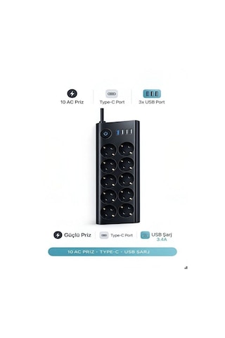 10 Lu Akım Korumalı Priz 3680w 3 Usb-a + 1 Type-c Hızlı Şarj 2 Metre Kablo 0 - 2 M