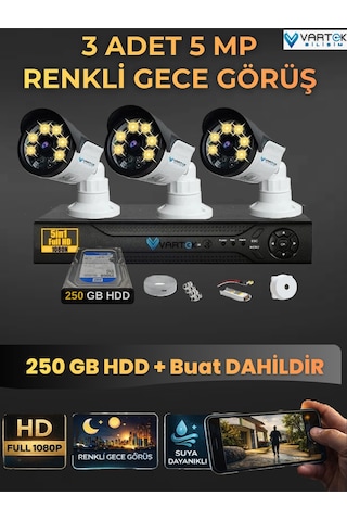 3 Kameralı Set 250 Gb Hdd Full Hd Gece Görüşlü Güvenlik Kamerası Sistemi-sabit İp Gerektirmez-