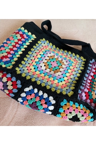 Kemzey Handmade El Yapımı Siyah Tote , Nostaljik Kareli Örgü Çanta Çok Renkli Sarı