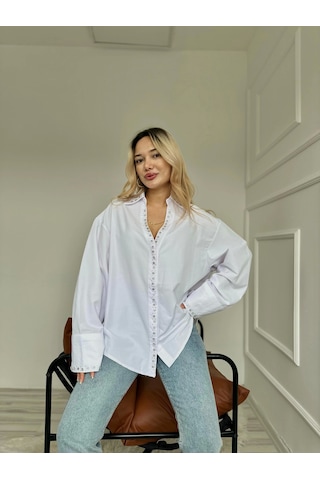 Keymoda Kadın Taş Detaylı Poplin Gömlek Beyaz Beyaz