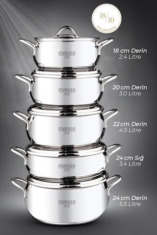 Mango Kitchen Dara Steel - 10 Parça Çelik Tencere Seti Paslanmaz Çelik Master Steel 18/10 Çelik Inox