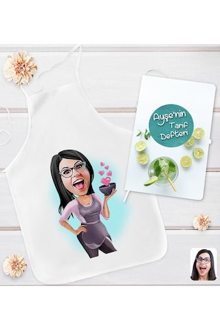 Bk Gift Kişiye Özel Karikatürlü Aşçı Anne Tasarımlı Mutfak Önlüğü Ve Yemek Tarif Defteri Hediye Seti-2, Anneye Hediye, Anneler Günü Hediyeleri